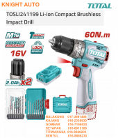TOTAL M16 TOSLI241199 Cordless (metal, multifunction drill, wood drill bits) Li-ion M16 Cordless Compact Brushless Impact Drill M16 60Nm 13mm / TIDLI16682 (Screwdriver Cr-V bit, 65mm Masonry drill bits)