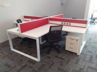 L shape office table with square metal leg and divider panel