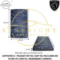 PEUGEOT 307 '00 / 1007 '05 / RCZ CABIN AIR FILTER ( PC ) 6447-KL / 9636086280 ( CARBON )