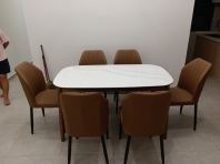 Ceramic Dining Table Set 6 Chairs | Japandi Modern Dining Table | Solid Wood Legs & PU Dining Chairs | Meja Makan Berkualiti Malaysia