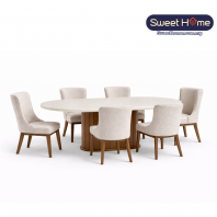 JAPANDI Marble Dining Table Set with Dining Chairs (Walnut) | 6 Seater Marble Dining Set