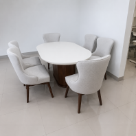 Premium Marble Dining Table Set Malaysia | Solid Wood Table Leg & Fabric Cushion Dining Chair | Set Meja Makan Marble Premium | Kaki Kayu Solid & Kerusi Kusyen Fabrik Berkualiti | Kedai Perabot Terbaik Penang