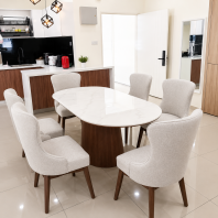 Premium Marble Dining Table Set | Solid Wood Dining Table With Fabric Cushion Chairs | Set Meja Makan Marble Premium | Kerusi Kayu Solid Dengan Kusyen Kain Berkualiti | Deliver Tasek Gelugor, Bertam, Penaga, Georgetown, Tanjong Tokong