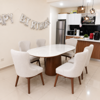Premium Marble Dining Table Set | Solid Wood Dining Table With Fabric Cushion Chairs | Set Meja Makan Marble Premium | Kerusi Kayu Solid Dengan Kusyen Kain Berkualiti | Deliver Tasek Gelugor, Bertam, Penaga, Georgetown, Tanjong Tokong