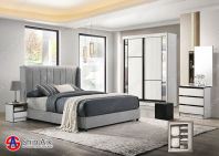 9970-22 (5'ft) White Golden Stripes Modern Bedroom Set With Grey Wingback Fabric Divan Bed