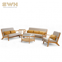 HIBI Wooden Sofa Set (1+2+3) with Rattan Coffee & Side Table