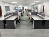 Modern Office Workstation Table with Partition   Commercial Open Office Desk System with Integrated Power Panel  Modular Working Space Furniture with Office Chairs  Suitable for Corporate Office, Factory Admin & Commercial Workspace  Office Table Supplier Malaysia (Penang, KL, Selangor & Nationwide)