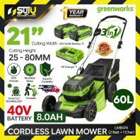 [8.0AH SET] GREENWORKS LMB474 60L 40V 21" / 53CM Brushless Cordless Lawn Mower 1500W + 2 x Batteries 8.0Ah + Charger