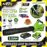 [2.0Ah SET] GREENWORKS BLG401 24V Cordless Leaf Blower + 1 x Battery 2.0Ah + Charger