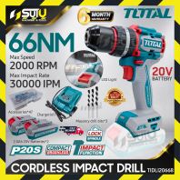 [SET] TOTAL TIDLI20668 66NM 20V Brushless Cordless Impact Drill 30000IPM w/ 2 x Batteries 2.0Ah + Charger + 47PCS Accessories