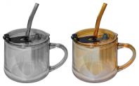 AM49 �� AUTO MUG GLASS & GLASS STRAW WITH POLYPROPYLENE (PP) LID COVER 380ml 440gsm (COMES WITH BOX)