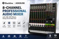 Blackline ASK8USB 8-Channel Professional Audio Mixer with USB, Built-in DSP Effects, Group Out & Main Out