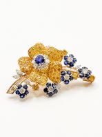 Blue Sapphires, White & Yellow Diamonds Brooch
