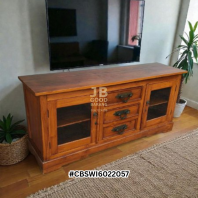 [SOLD] Heavy Premium Quality Solid Teak Wood Console Cabinet / Buffet with Large Copper Handles | Heritage Statement Furniture
