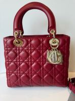 Preloved Unused Like New Lady Dior Medium Dark Red Cannage Lambskin with adjustable strap (S260522-08)