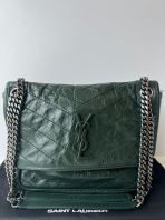 Preloved Excellent YSL Crinkled Calfskin Matelasse Monogram Niki Chain Satchel Dark Green (S260523-07)