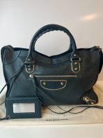 Preloved Excellent Balenciaga Medium Deep Green Leather Silver Hardware City Metallic Bag (S260429-06)