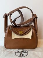 Preloved Excellent Hermes Brown Mini Lindy Handbag in Clemence Leather GHW SBO051826-07
