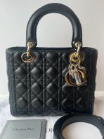 Preloved Unused Like New Christian Dior Black Lambskin Leather Lady Dior Medium GHW