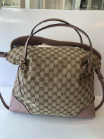 Preloved Excellent Gucci Bree Tote Beige Brown GG Canvas Pink Leather Trim SBO260629-02
