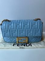 Preloved Fendi Mini Midi Baguette Sky Blue Chain Bag Zucca Embossed Leather SBO260630-04