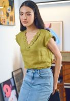 Lace Trim V-Neck Linen Blend Top