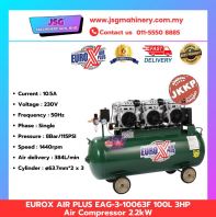 EUROX AIR PLUS EAG-3-10063F 100L 3HP Air Compressor 2.2kW Oil-Free Belt Drive Single Phase 230V