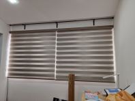 Beige Double Zebra Blinds with a Neat Wall-to-Wall Pelmet Finish