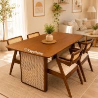 Kayuhome Scandinavian Rattan Dining Set Solid Wood