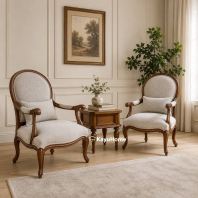 Kayuhome Classic Louis XVI Style Upholstered Armchair Set with Side Table