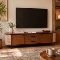 Kayuhome Modern Walnut TV Cabinet with Rattan Side Panels 180cm
