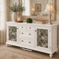 Kayuhome Farmhouse White Cabinet with Glass Doors and Drawers