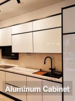 Modern White Aluminium Kitchen Cabinet With Marble Countertop And Black Sink