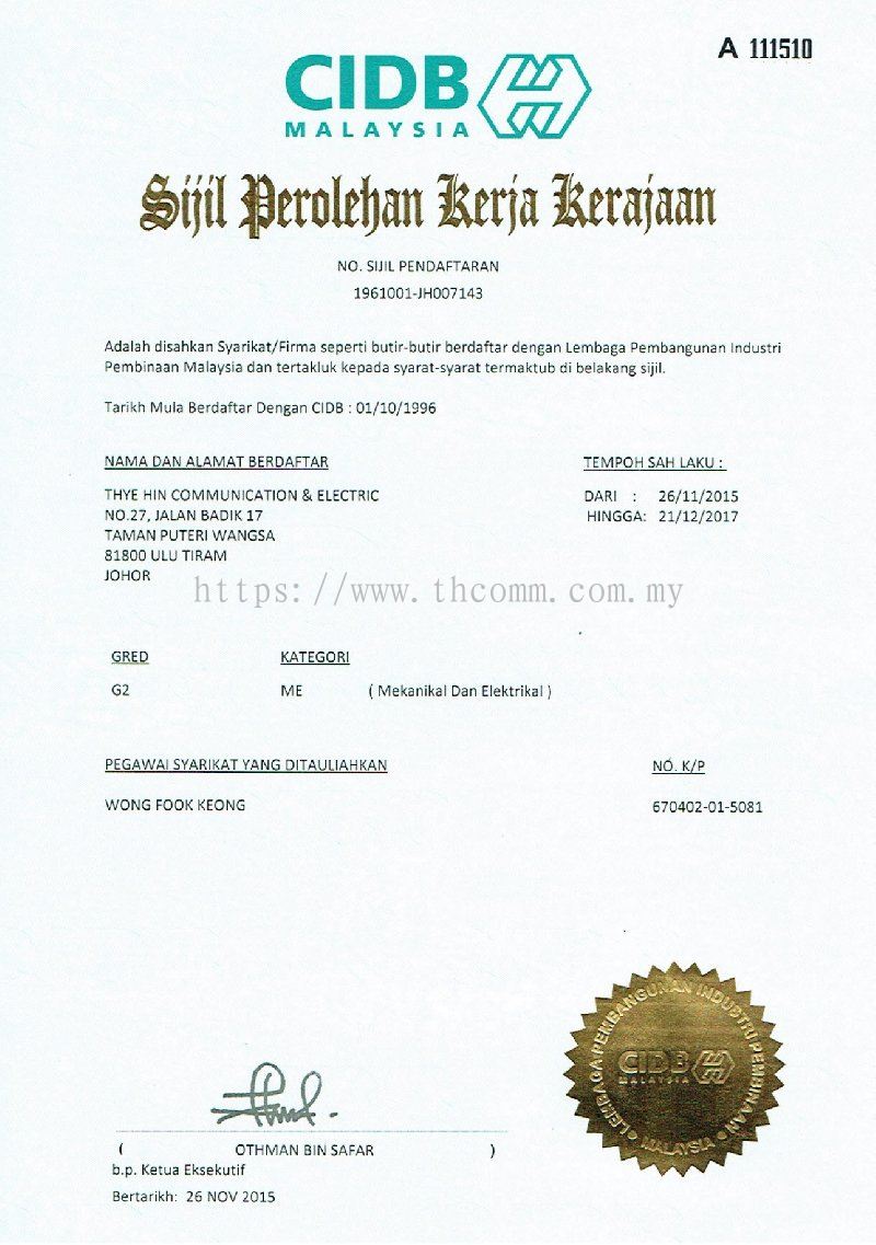 Johor Cidb From Th Communications Sdn Bhd
